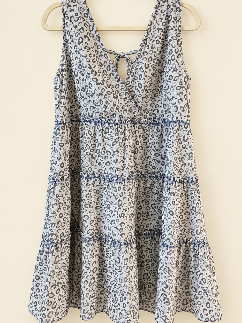 Sleeveless Light Blue Leopard Print Backless Tiered Dress